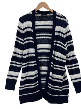 Lane Bryant Navy & White Striped Open-Front Cardigan
